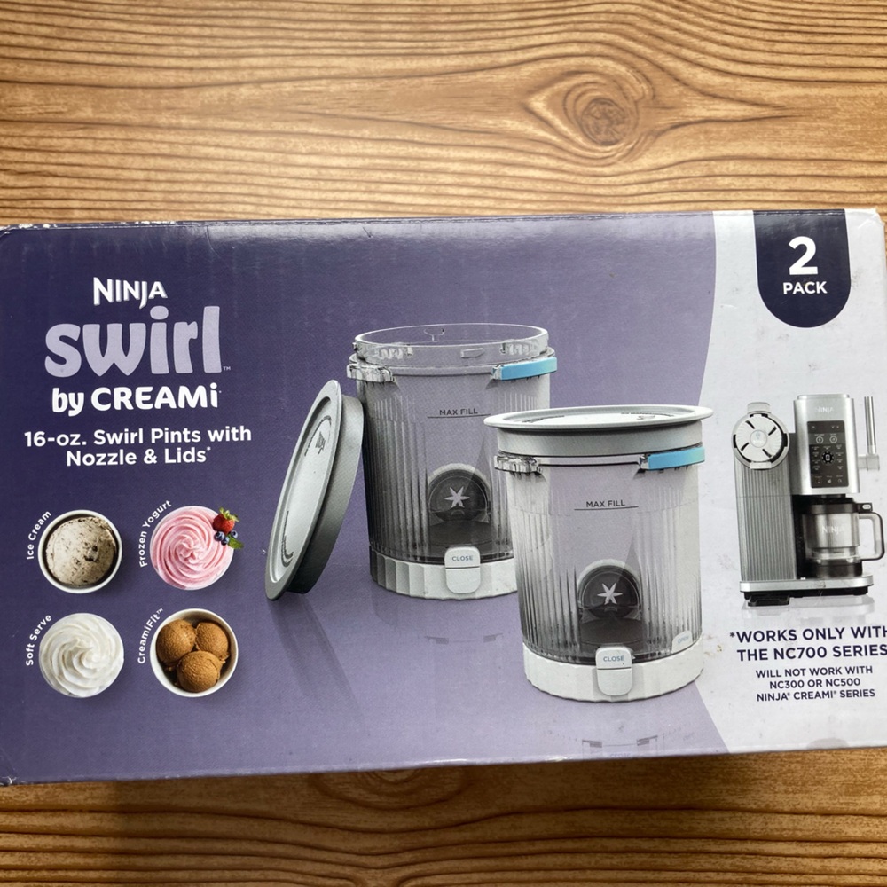 NWT Ninja Swirl by CREAMi 16 Oz Pints and Lids, 2 Pack Grey Lids NC700 Series